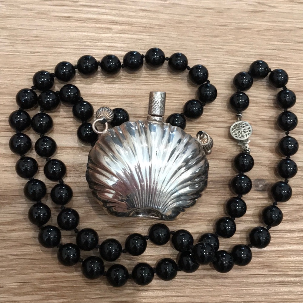 Vintage sterling bottle with onyx bead necklace